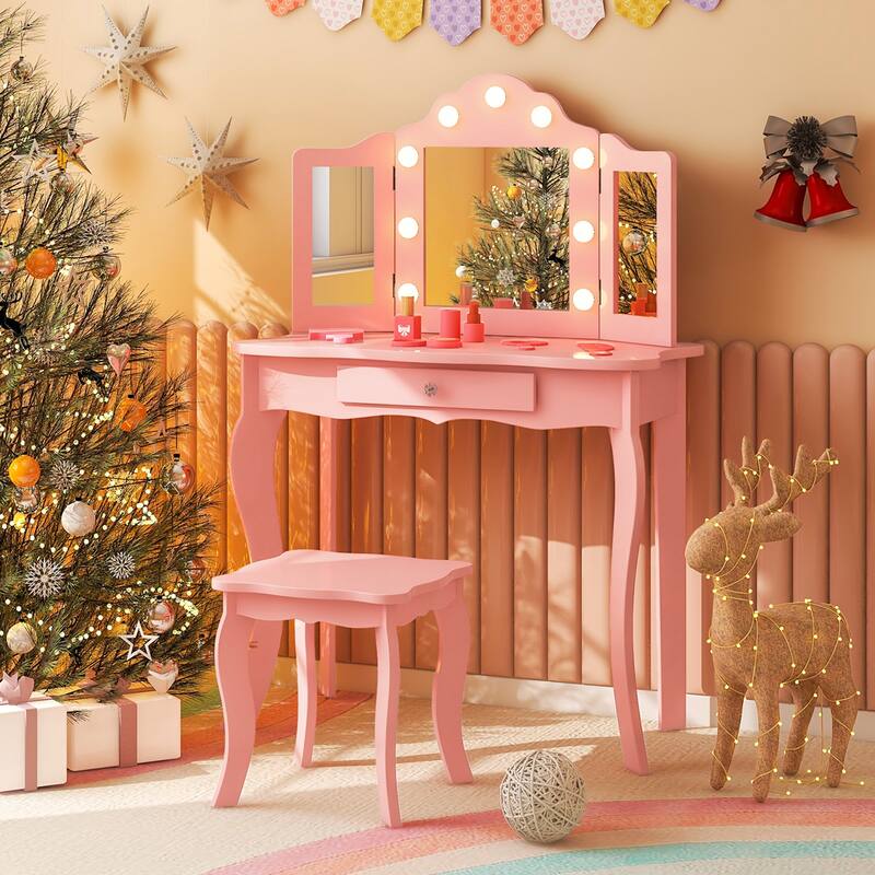 Kid Vanity Table Set Tri-Folding Mirror Adjustable 3-Color LED Light