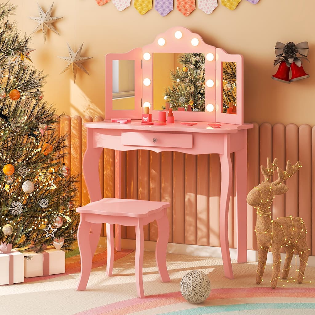 Kid Vanity Table Set Tri-Folding Mirror Adjustable 3-Color LED Light