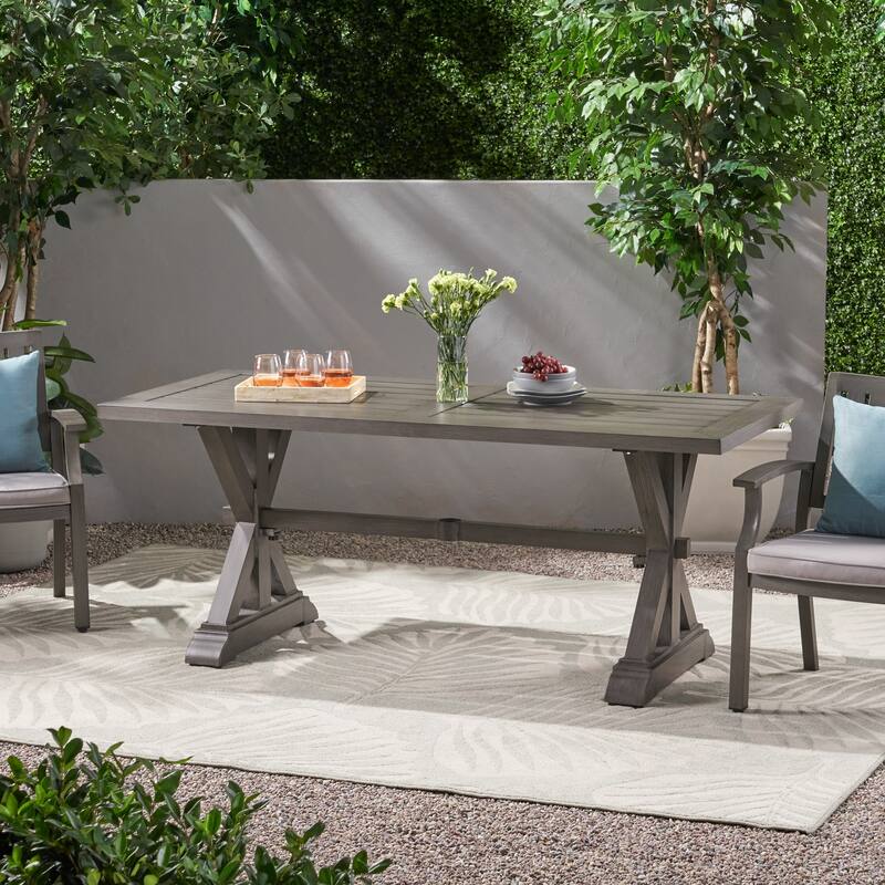 Aluminum Outdoor Dining Table Slatted Top X Base with Umbrella Hole Modern - Dark Gray