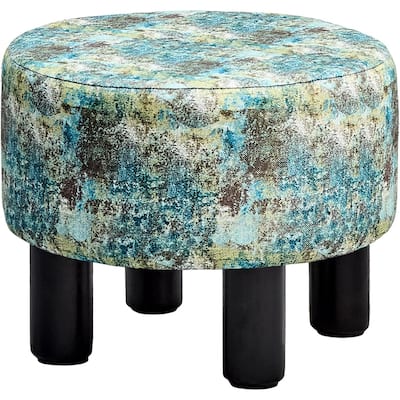 Modern Small Round Linen Ottoman Footstool with Wooden Legs for Bedroom or Living Room