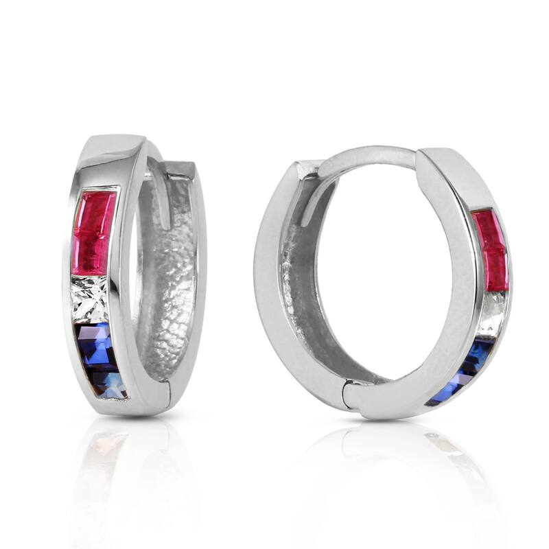 1.28 Carat 14K Solid Gold Hoop Earrings Natural Multi Gemstones - White