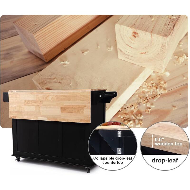 Rolling Kitchen Island with Drop Leaf - Mobile Cart with Wooden Countertop, Spice Rack, Adjustable Shelves & Drawers