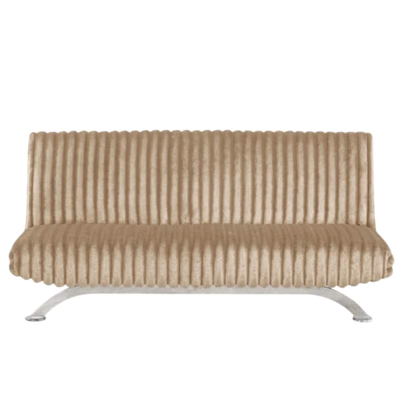 Villy Futon Sofa Bed, Chrome Metal Legs, Taupe Channel Tufted Fabric