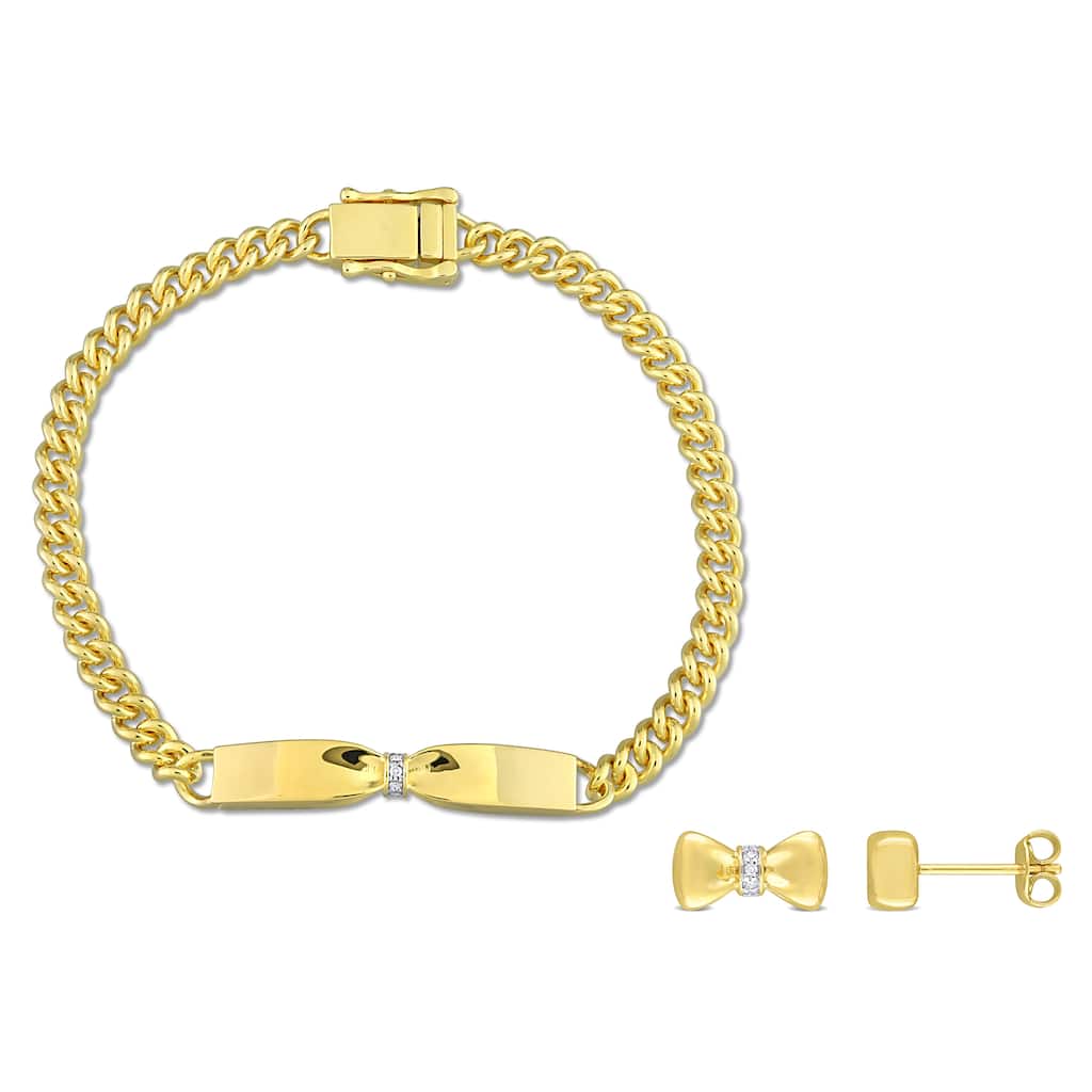 Miadora 1/10ct TW Diamond Curb Link Bow Earrings Bracelet Set Yellow Silver