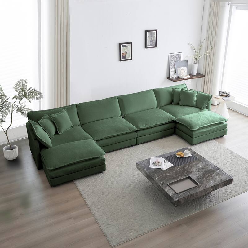 Modular Large U-Shape Sectional Sofa, Double Extra Ottomans, Comfort Chenille Upholstered Couch with Reversible Chaise - Green