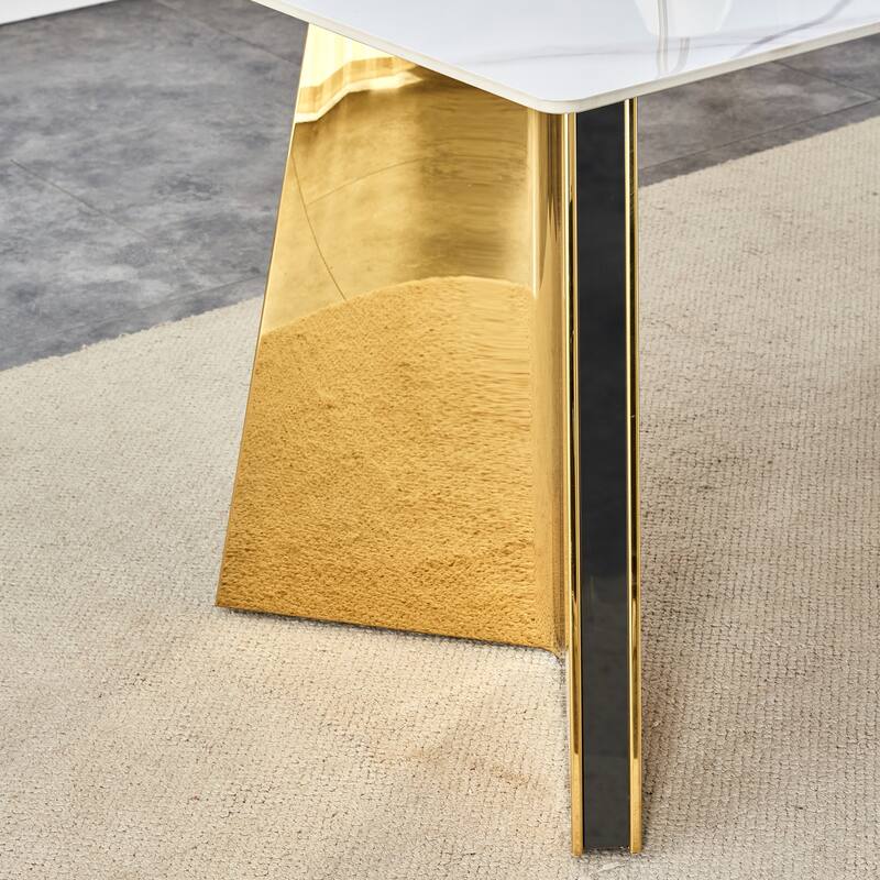 Roomfitters Snow Mountain Slab Dining Table with Scratch Resistant Top and Gold Stainless Legs, Gold, White