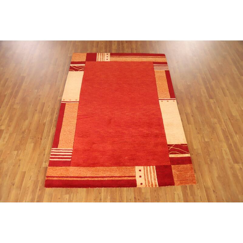 Orange Gabbeh Indian Area Rug Hand-Tufted Solid Wool Carpet - 5'3" x 7'7"