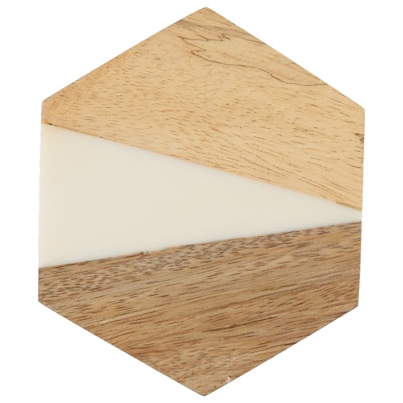 Dainty Home Wood And White Resin Designed Hexagon Coaster Set of 4 - 4" Hexagon