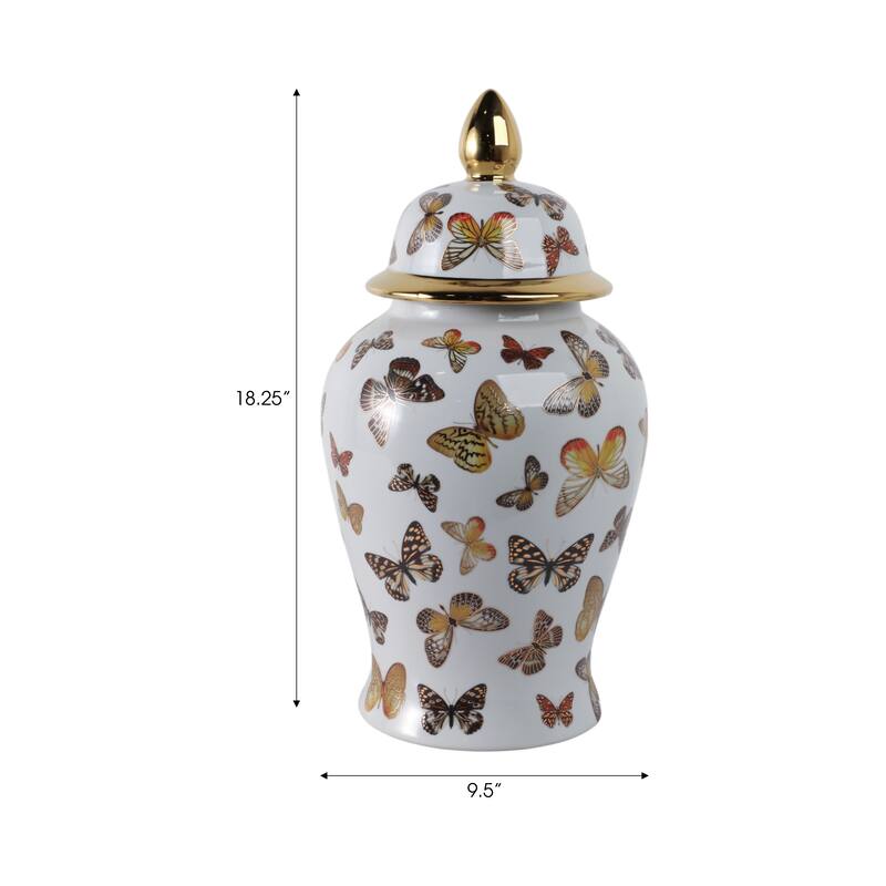 Ceramic Decorative Temple Jar with Lid and Metallic Butterfly Motif