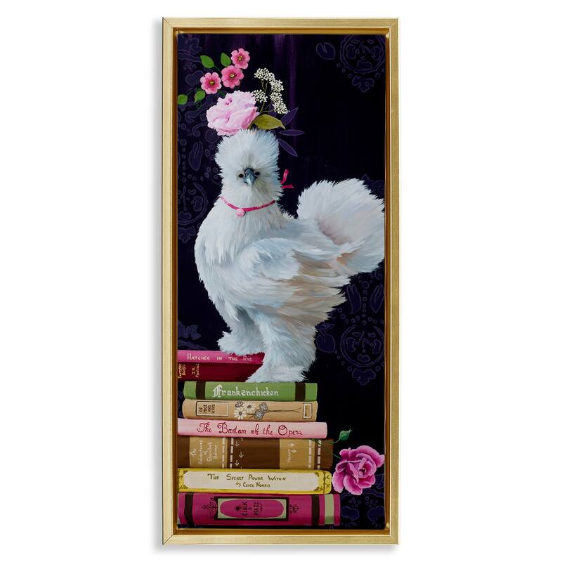 Stupell Fancy Vintage Chicken with Books Framed Floater Canvas Wall Art Design By Heather Gauthier - 11 x 25 - Gold