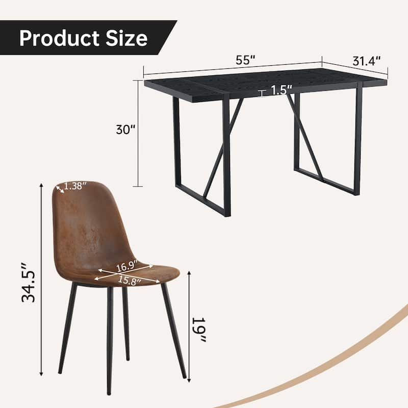 Retro Rectangular Dining Table Set for 6, 55-Inch Wood Table with 6 Linen Dining Chairs for Kitchen & Dining Room