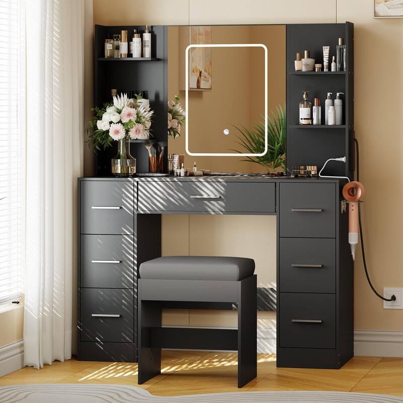 Vanity Desk with LED Lighted Mirror and Stool, 7 Drawers, 6 Open Shelves - Black