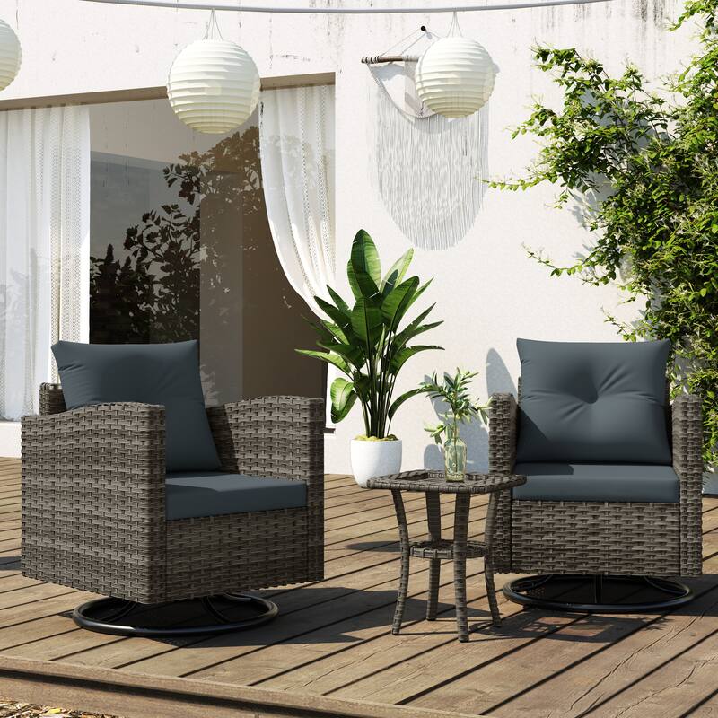 Outdoor 3-piece Swivel Chair Cushioned Rattan Conversation Set