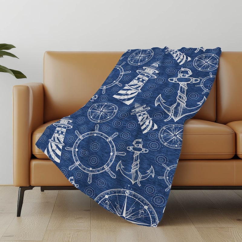 Premium Machine Washable ASB154 Coastal Lighthouse Sherpa Throw Blanket - Navy - 4'2" x 5'10"