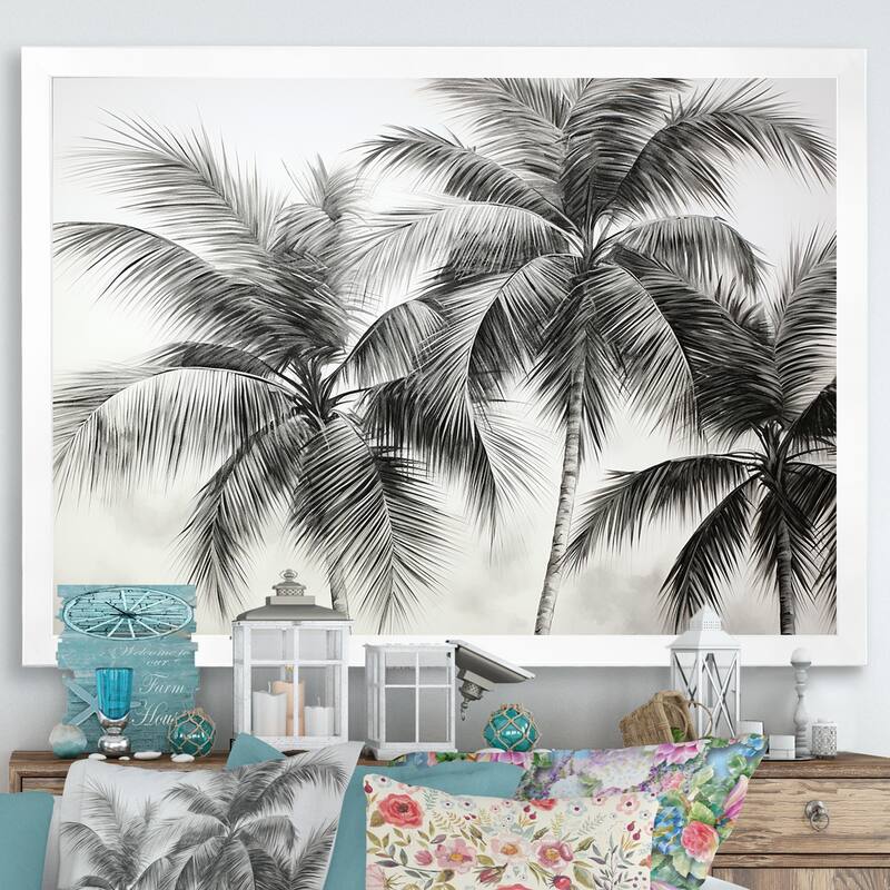Designart "Palm Tree Desert Oasis II" Palms & Palm Trees Framed Canvas Art Print - 44 in. wide x 34 in. high - White