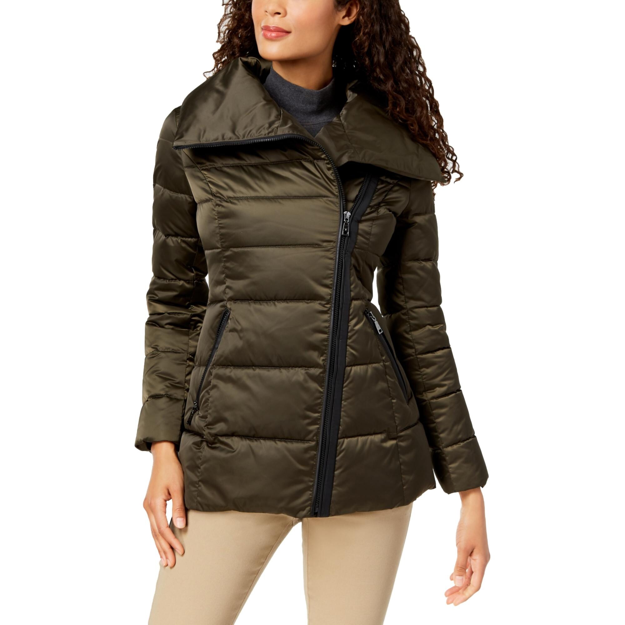 Tahari asymmetrical belted puffer coat top