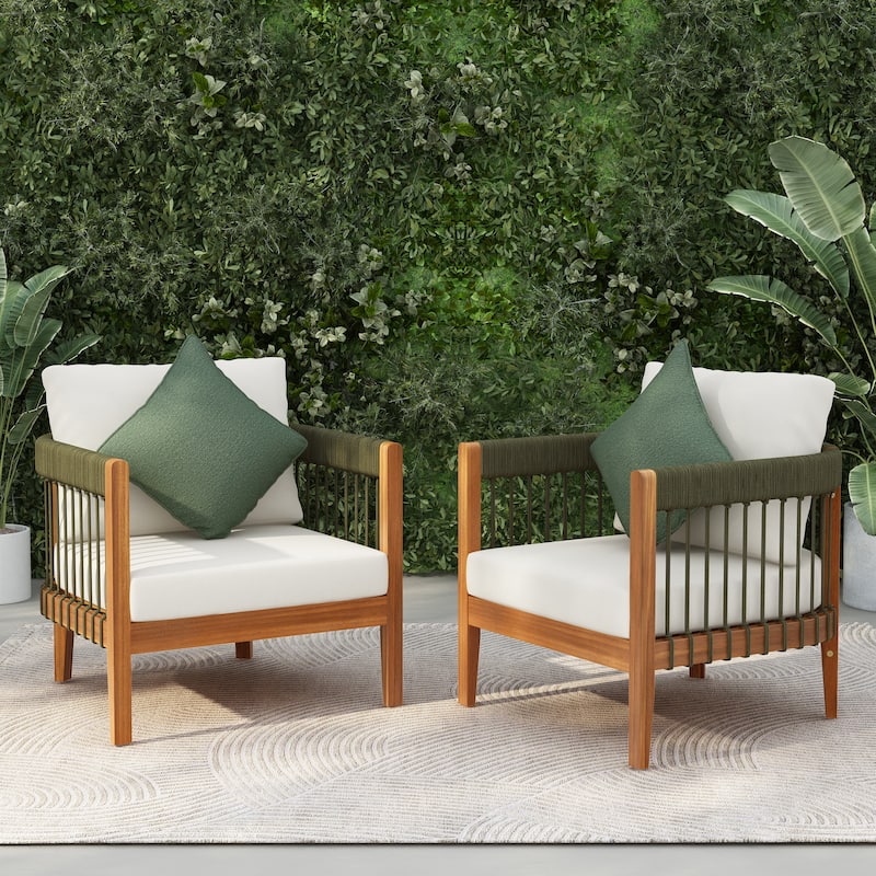 [Set of 2] Acacia Wood Outdoor Club Chair with Handwoven Rope Accents & Curved Backrest - Water-Resistant,Removable Cushions - Green+Beige