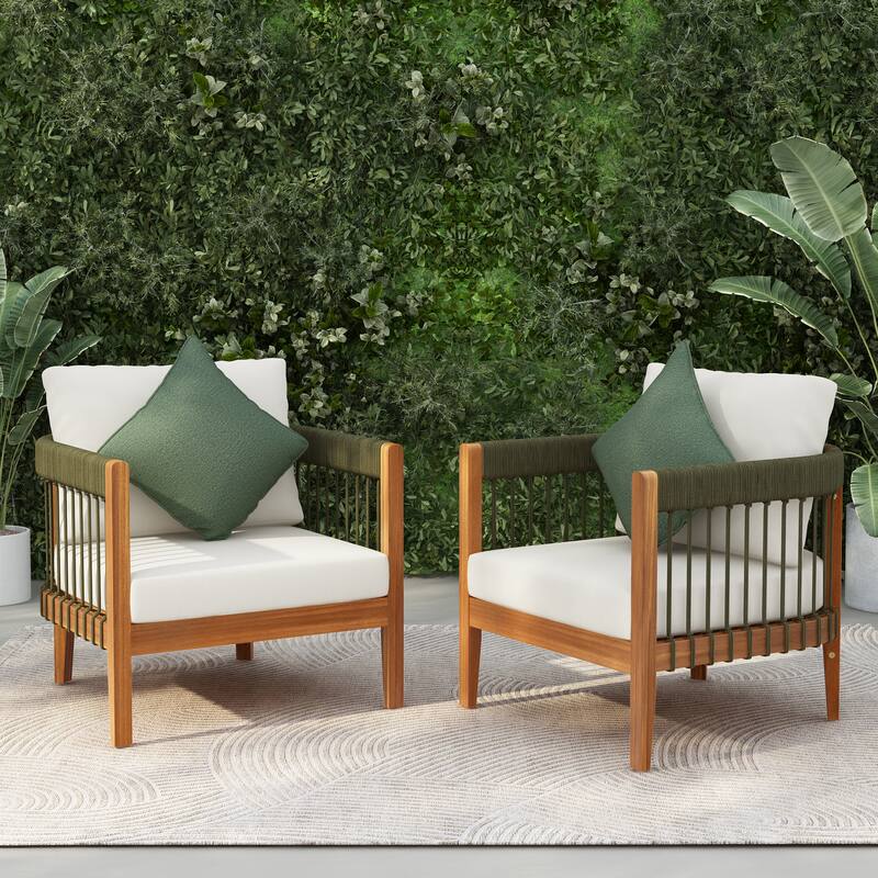 Acacia Wood Outdoor Club Chair with Handwoven Rope Accents & Curved Backrest - Water-Resistant with Removable Cushions - Beige