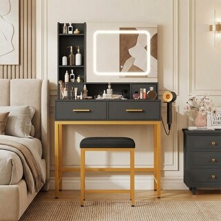 Vanity Desk with Mirror & Lights, 4 Drawers, 2 Shelves, 3 Light Modes ...