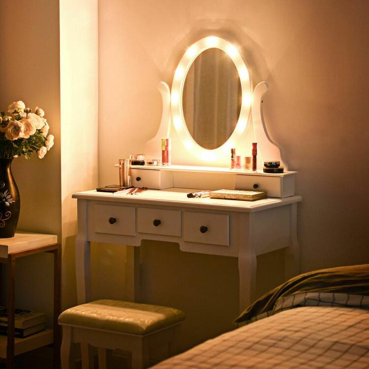 5 Drawers Vanity Table Stool Set with 12-LED Bulbs - 31.5" x 16" x 55" (L x W x H)