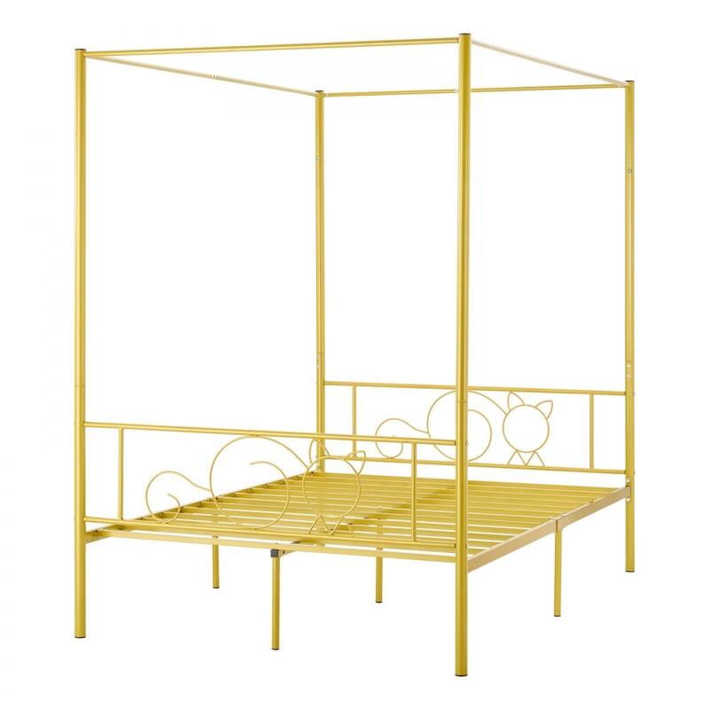 Gold Metal Full Canopy Bed Frame with Storage and DIY Decoration Rails