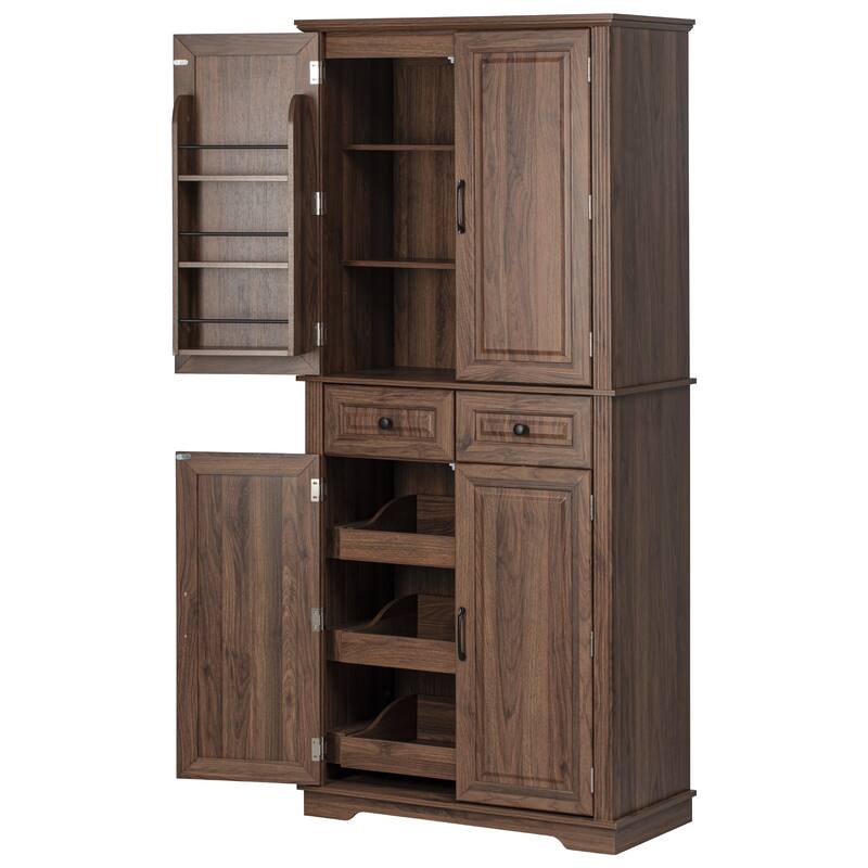Kitchen Pantry Cabinet with 3 Pull Out Trays, Freestanding Buffet Cabinet with Adjustable Shelves, 2 Door Organizers & 2 Drawers