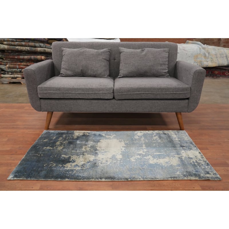 Hand Knotted Oriental Viscose Silk Carpet Modern All-Over Navy Blue & Blues Abstract Area Rug - 4' 7'' X 2' 7''