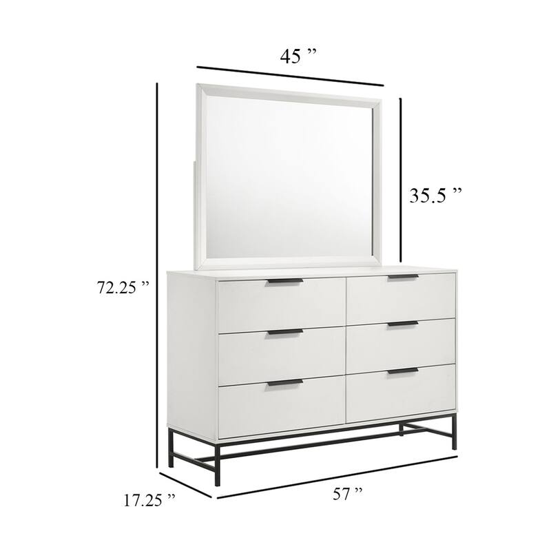 Noro 2 Piece Modern Wide Dresser and Mirror Set, 6 Drawers, White