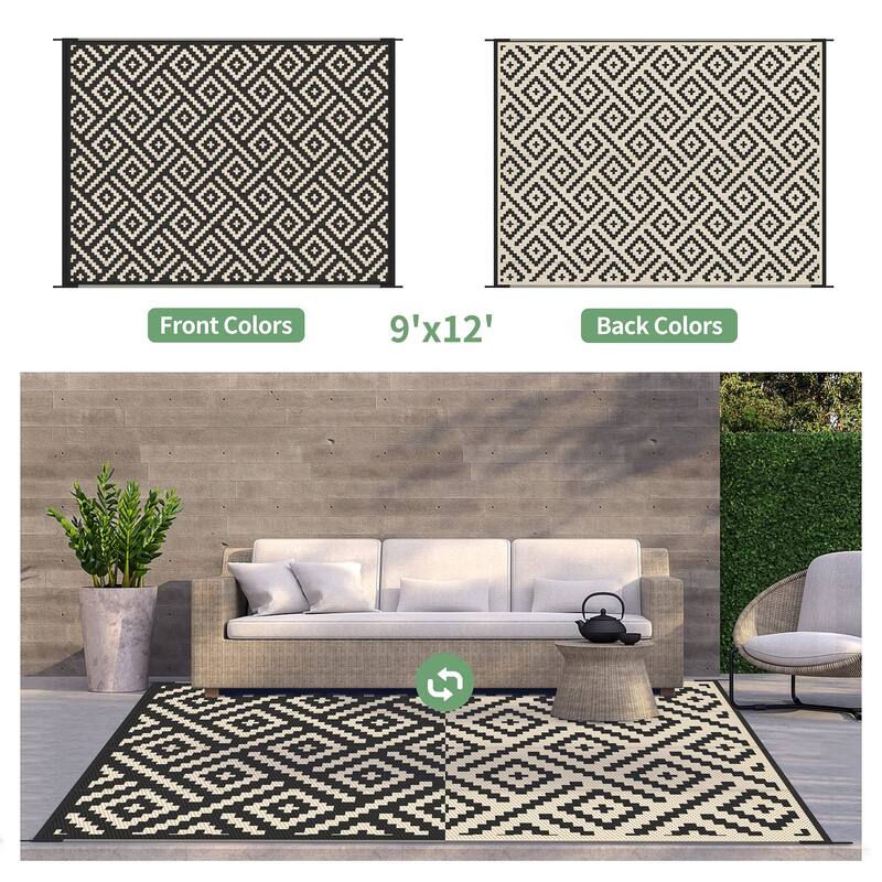 Reversible Charcoal Geometric Low-Pile Recyclable Plastic Outdoor Rug - 9'X12'