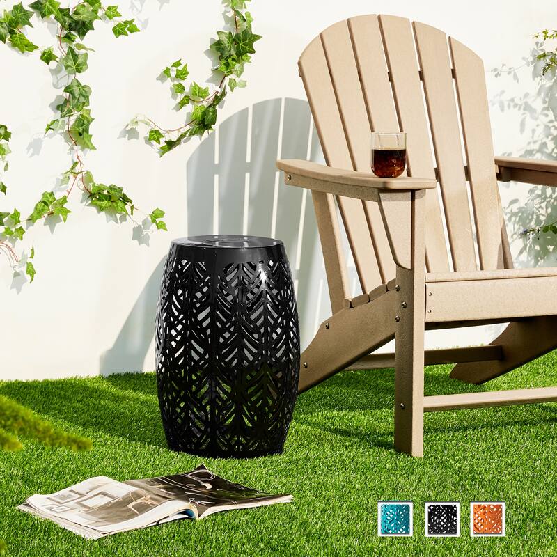 Glitzhome 18"H Outdoor Metal Side Table Garden Stool with Solar Lights