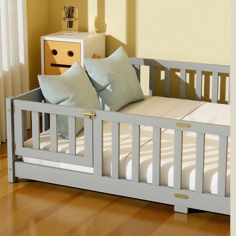 Full Size Rubber Wood Floor Bed with Fence and Door, Montessori Platform Bed with Safety Guardrails for Kids