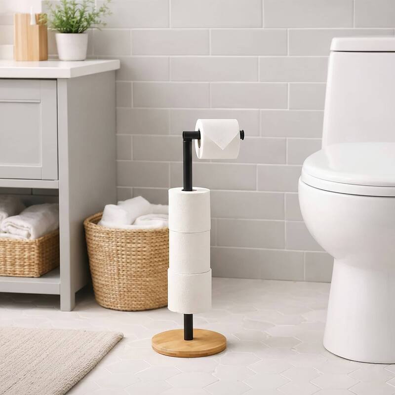 Freestanding Toilet Paper Holder Stand with Bamboo Base