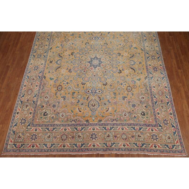 Hand Knotted Oriental 100% Wool Carpet Traditional Floral Yellow & Gold Mashad Area Rug - 12' 4'' X 9' 7''