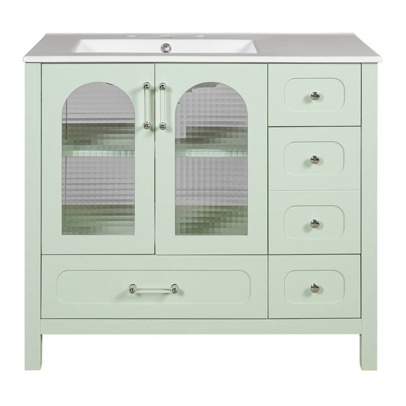 36" Bathroom Cabinet with Waffle Texture Doors,Bathroom Vanity with Four Drawers and Two Soft-Closing Doors with Glass Doors