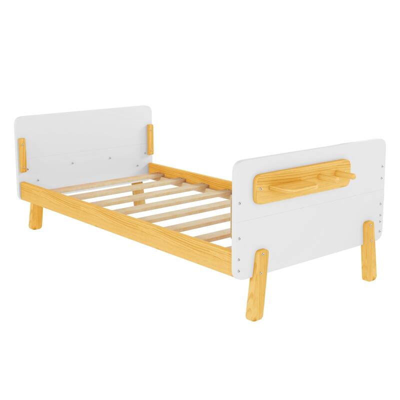Kids Wood Platform Bed with Guardrails, Bottle Holder and 2 Hanging Rod, Convertible Toddler Daybed, Low Profile Design Frame