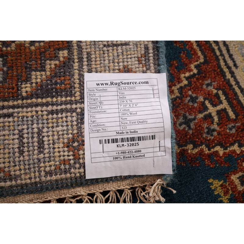 Blue Geometric Viss Oriental Runner Rug Handmade Wool Carpet - 2'6"x 7'10"