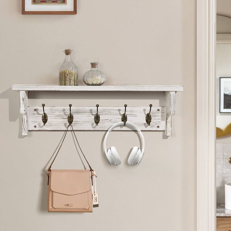 Rustic Wall Mounted Coat Rack with Storage Shelf & Metal Hooks