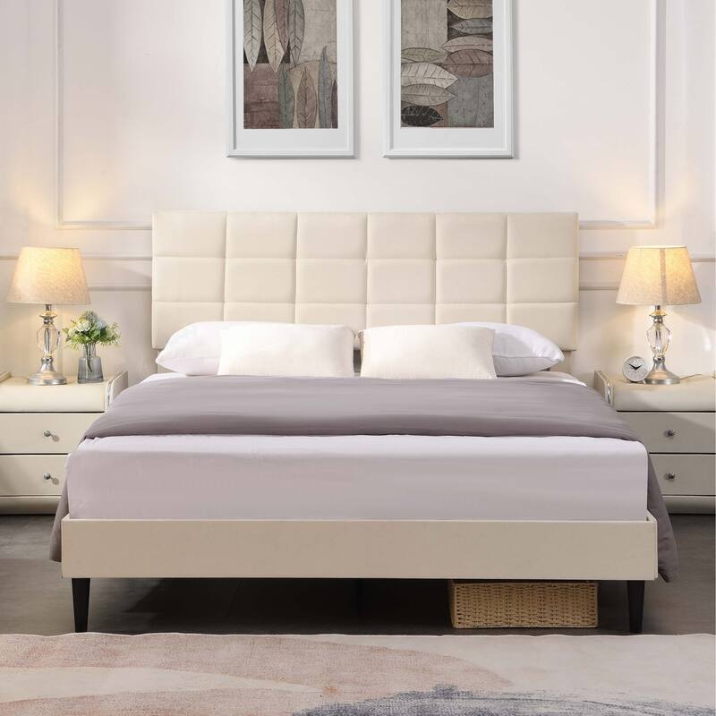 Platform Bed Frame with Fabric Upholstered Headboard and Wooden Slats