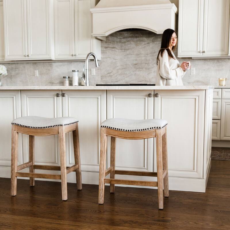 Maven Lane Adrien Backless Saddle Kitchen Counter Stool in Walnut Finish w/ Grey Fabric Upholstery