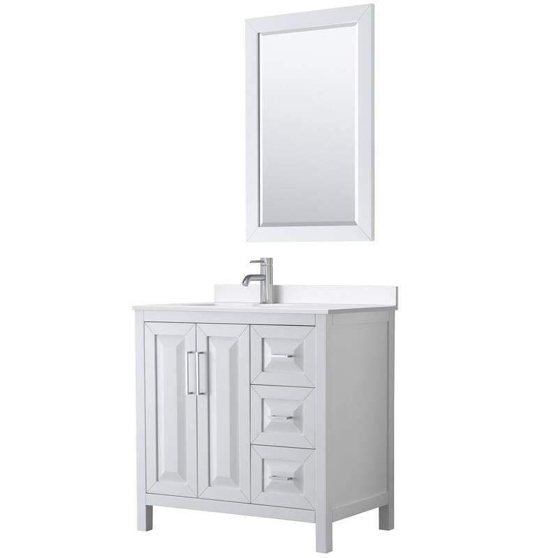 Daria 36-inch Single Vanity, Single Hole Quartz Top, 24-inch Mirror - White, Chrome Trim, White Quartz Top