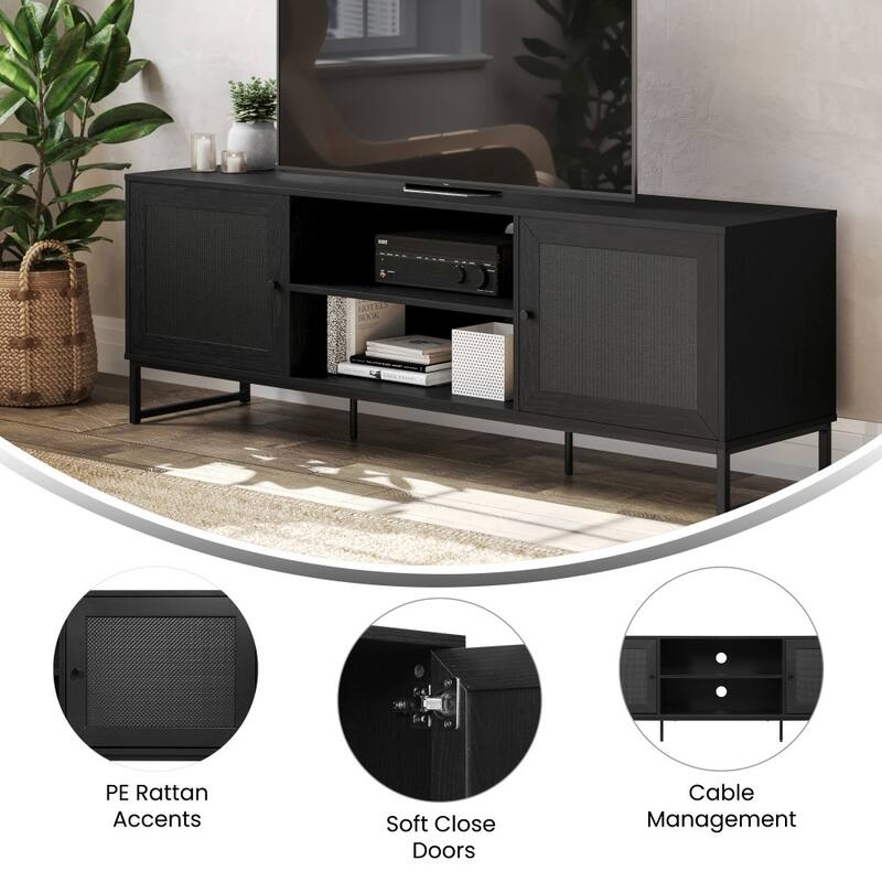 65" TV Stand with Rattan Accented Storage Doors - 66"W x 15.75"D x 22.75"H
