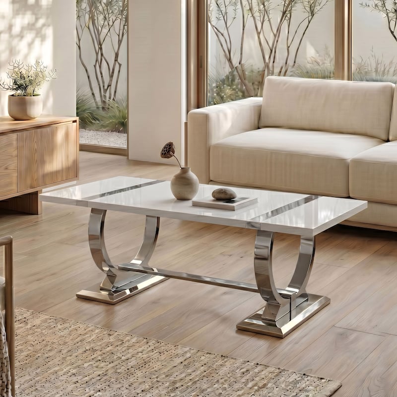 Furniture of America Carra Modern Stainless Steel O-Shaped Trestle Base Coffee Table - Whie/Silver