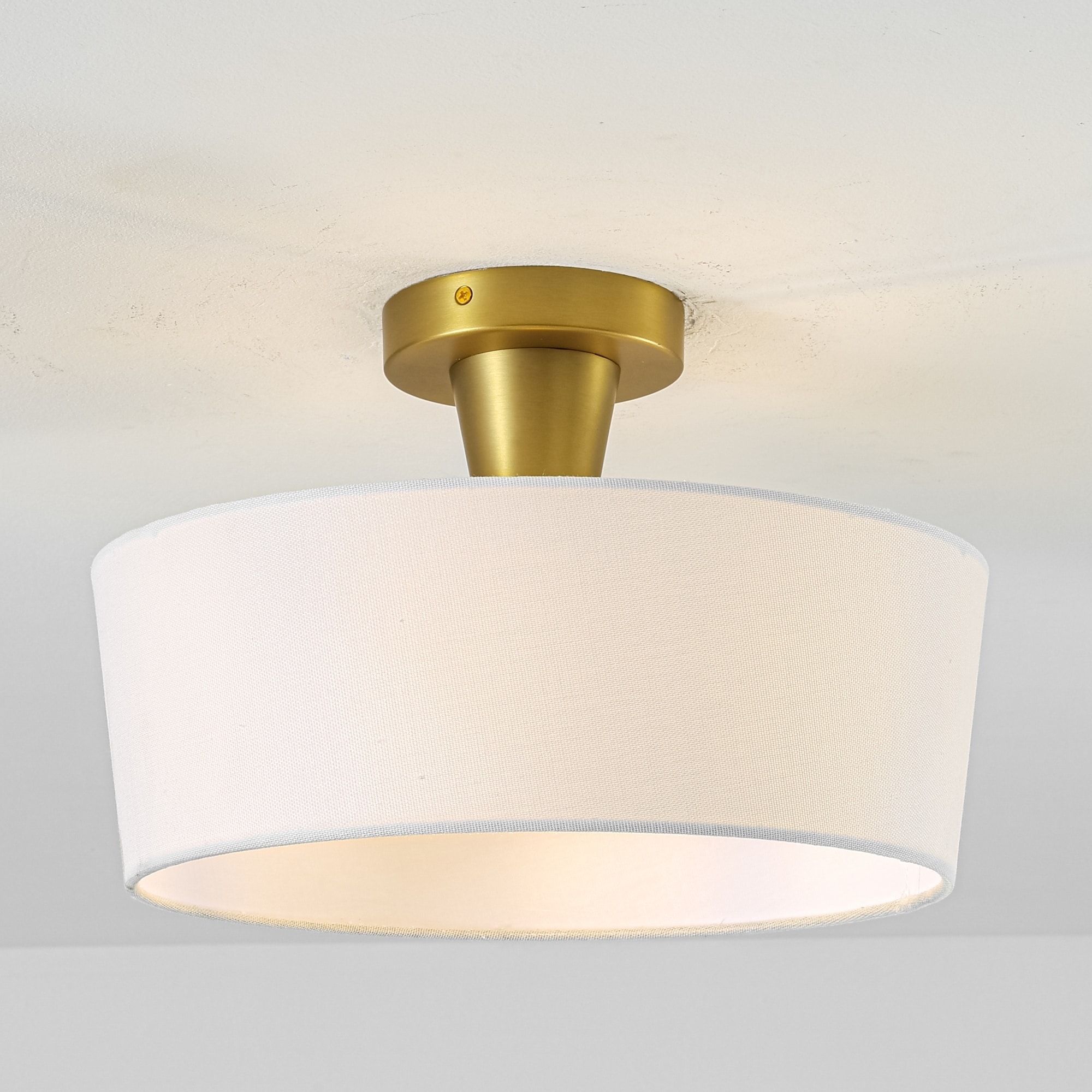 Rennnsan 1 Light Modern Linen Drum Semi Flush Mount Ceiling Light with Brass Finish, Low Profile Fixture for Bedroom Living Room