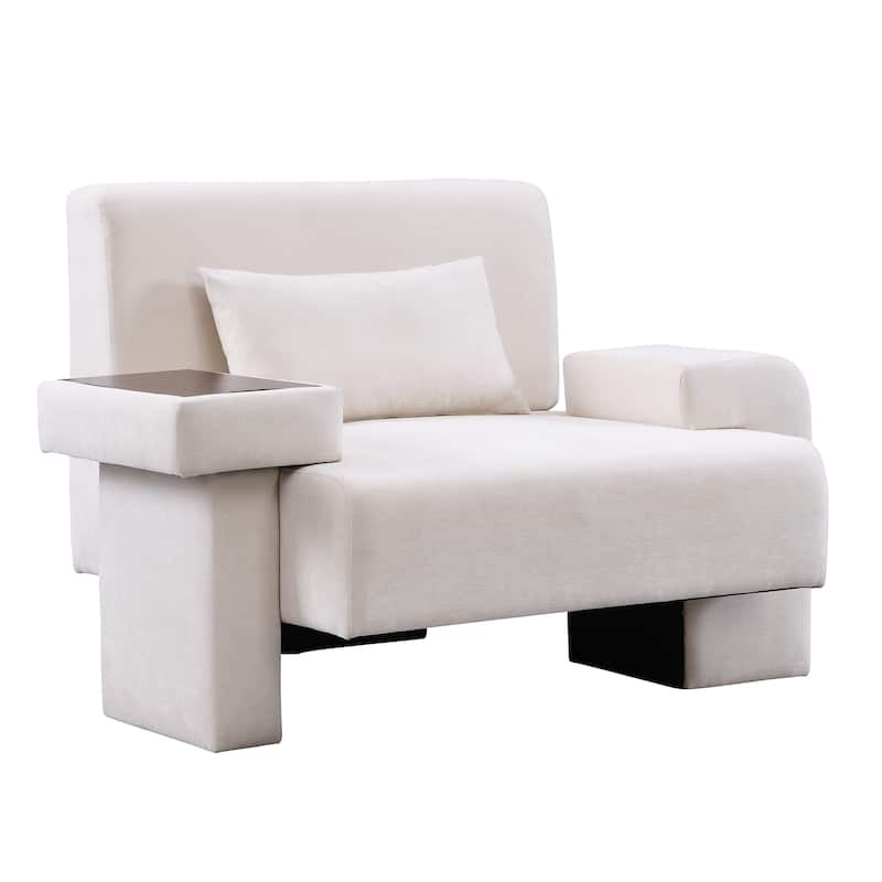 Modern Armchair Lounge Chair Sofa Chair with Built-In Storage, Wooden Table Armrest, Extra-Wide Seat