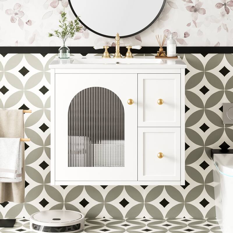 24" Bathroom Vanity Set Wall Mounted for Small Space, Bathroom Cabinet with Ceramic Sink, 2 Drawers and 1 Soft-Close Door