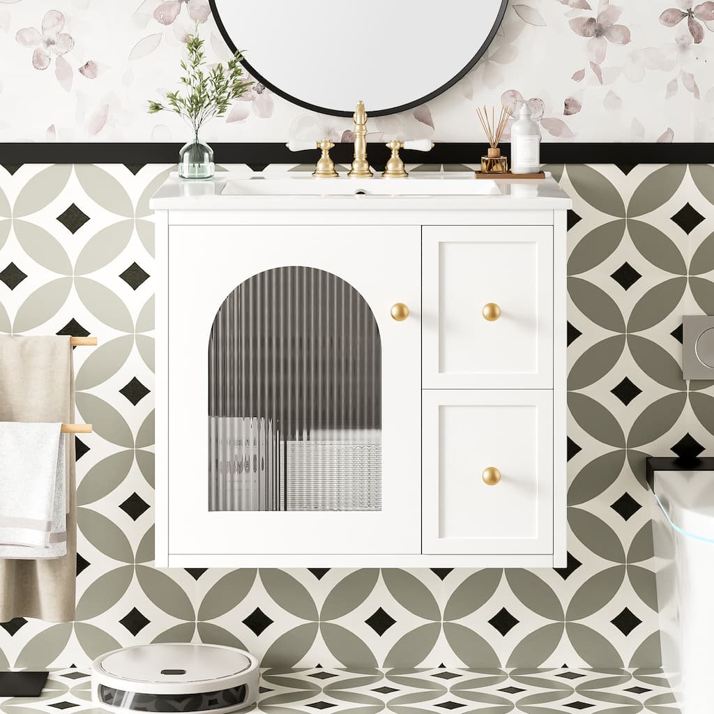 Wall Mounted Bathroom Vanity Set with Ceramic Sink, Floating Bathroom Cabinet with Glass Door - 24 Inch