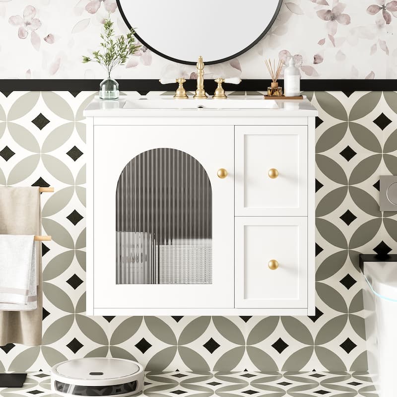 Wall Mounted Bathroom Vanity Set with Ceramic Sink, Floating Bathroom Cabinet with Glass Door - 24 Inch - White - 24 Inch