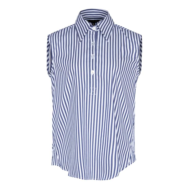 The Olivia Sleeveless Blue Stripe Blouse in Italian Cotton - S