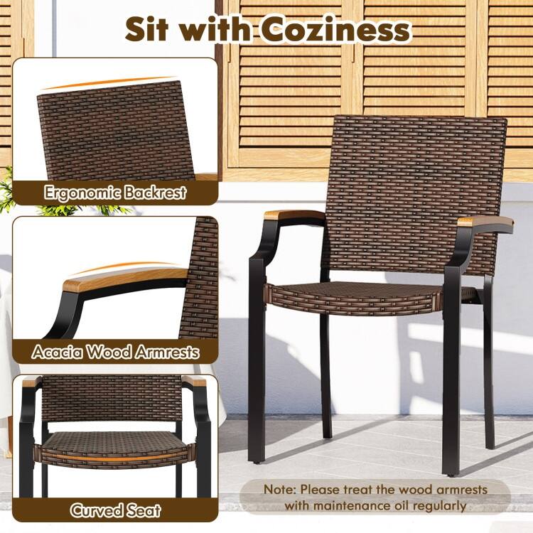 Set of 2 Mix Brown PE Rattan Metal Patio Dining Chairs with Ergonomic Back and Stackable Design - 23" x 22" x 34.5"
