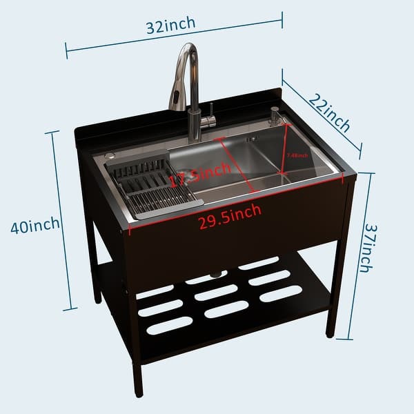 dimension image slide 0 of 2, Freestanding Laundry Stainless Steel Large Utility Sink Single Bowl - 32*22*40